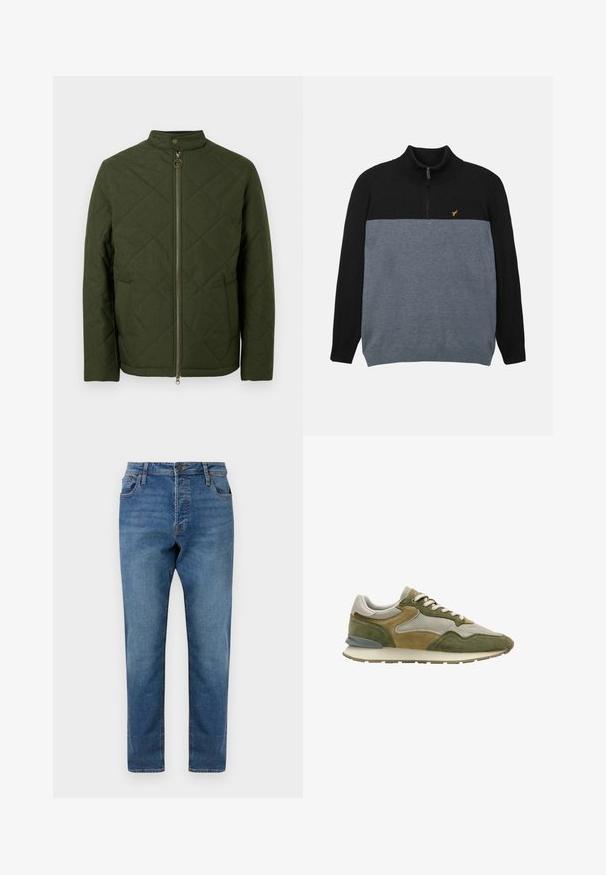 Grüne gesteppte Jacke mit Stehkragen, durchgehendem Reißverschluss vorne und diagonalem Steppmuster; verfügt über einen Metallreißverschluss und Druckknopfdetails.; Schwarz-grauer Pullover mit Reißverschluss und geripptem Kragen, der im oberen Bereich ein einfarbiges Schwarz und im unteren Bereich ein strukturiertes Grau aufweist. Goldenes Logo-Detail.; Blaue Denim-Jeans mit geradem Schnitt, ausgestattet mit einem Knopfverschluss, fünf Taschen und einem dezenten Verblassen des Stoffes. Keine sichtbare Markenkennzeichnung.; Niedrig geschnittener Sneaker aus beige-, oliv- und braunem Wildleder mit weißer Sohle und Schnürsenkeln, seitlich gezeigt vor weißem Hintergrund.