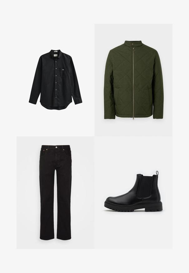 Veste matelassée verte avec col montant, fermeture éclair intégrale et motif de surpiqûres en diagonale ; dotée d'une fermeture éclair métallique et de détails à boutons-pression.; Chemise noire à manches longues avec boutons, col et poche poitrine comportant un petit logo brodé sur la poche.; Jean noir à jambe droite en coton. Il possède cinq poches, un bouton en métal et des coutures orange accentuées à l'avant.; Zign by Zalando LEATHER - Bottines - black