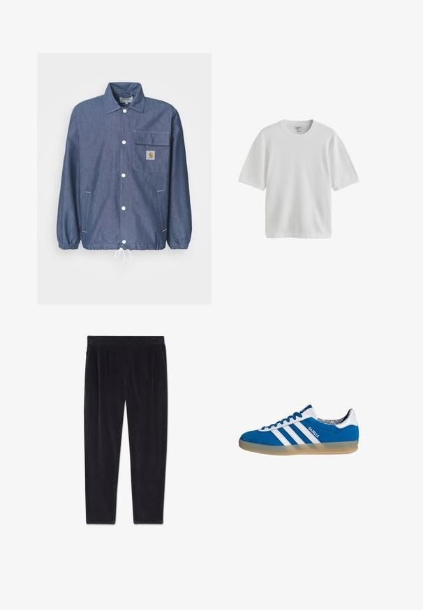 Chaqueta de mezclilla en azul oscuro con frente abotonado, bolsillo en el pecho, puños elásticos, dobladillo ajustable y parche con el logo de Carhartt en el bolsillo.; Camiseta blanca lisa de manga corta con cuello redondo, mostrada sobre un fondo blanco.; Pantalones de pana negros con cintura elástica y bolsillos laterales, mostrados extendidos sobre un fondo blanco.; Zapatilla Adidas Gazelle azul y blanca con suela de goma y tres franjas blancas, vista desde un lado sobre un fondo blanco.