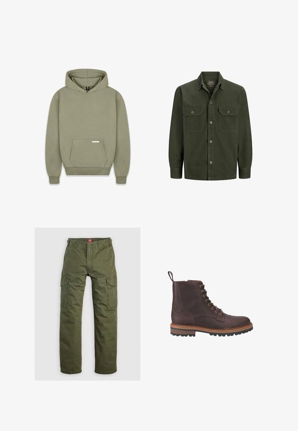 Chemise manches longues vert foncé avec boutons, deux poches poitrine boutonnées et col classique.; Sweat-shirt à capuche vert olive, avec des manches longues, une poche kangourou à l'avant, des poignets côtelés, et une petite étiquette sur la poche.; Pantalons cargo vert olive en tissu durable, dotés de poches latérales, d'une fermeture à bouton et d'une coupe droite.; Bottes chevilles en cuir marron à lacets avec une finition texturée, semelles beiges contrastantes et œillets métalliques. Comprend une languette pour un enfilage facile.