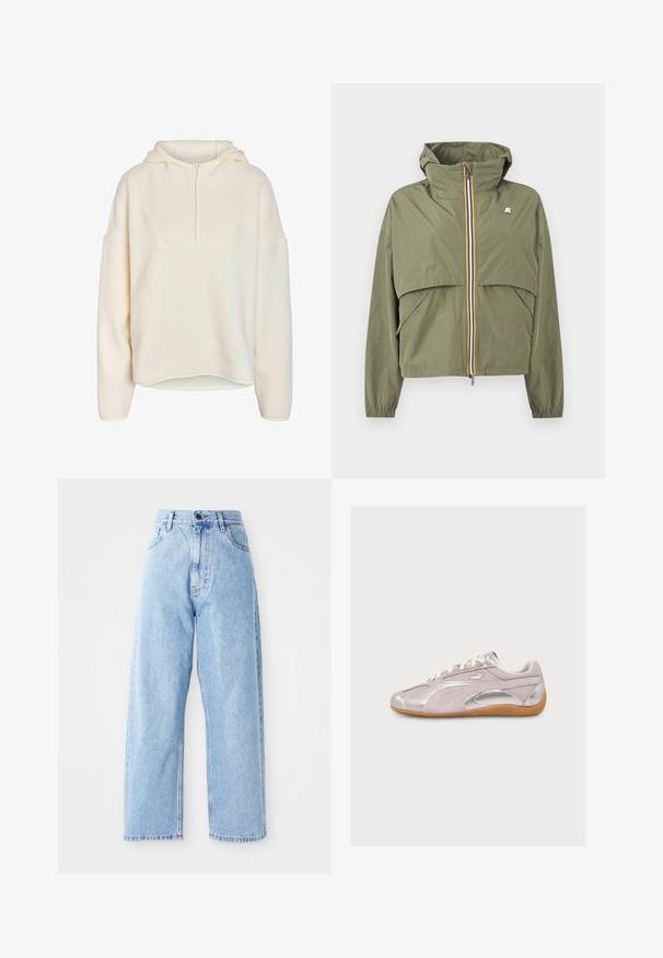 Letvægt jakke med hætte i olivengrøn med lynlås foran, flerfarvet kant, elastiske manchetter og klapdetalje på tværs af bryst og lommer.; Noisy May Half-Zip Fleece NMCOZY - Fleecetrøjer - eggnog; Højhalset lysblå denimjeans med lige vide ben, frontknap, lynlås lukning samt front- og baglommer.; Lyserød Puma-sneaker med hvide snørebånd, metaliske sølv accenter og en brun gummisål, vist i profil på hvid baggrund.