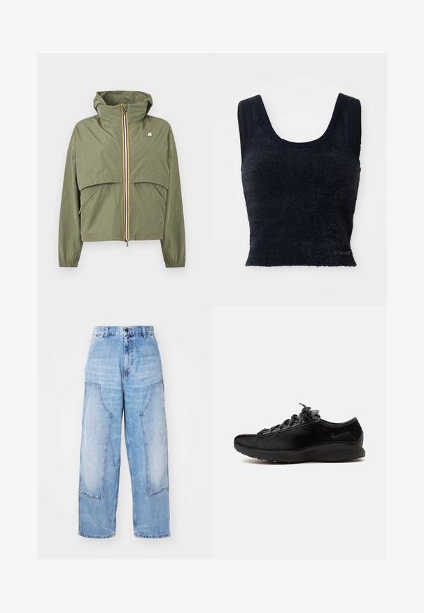 Letvægt jakke med hætte i olivengrøn med lynlås foran, flerfarvet kant, elastiske manchetter og klapdetalje på tværs af bryst og lommer.; Marineblå cropped top lavet af struktureret stof med brede skulderremme, og har et sort mærke ved den nederste kant.; Lysblå denim bredbenede bukser med to store forlommer, en knaplukning og subtil falming. Syninger på lommedetaljerne.; Sort lavtop sneakers med tekstureret overdel, sorte snørebånd og tyk sål med subtil Nike-swoosh på siden.