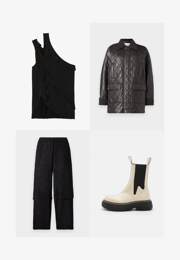 Veste en cuir synthétique marron matelassée avec un col, deux poches avant et des poignets en tricot. Présente une coupe décontractée et ample.; Haut asymétrique noir en tissu doux avec des volants sur le côté et une seule bretelle. Texture lisse avec des éléments de design drapés.; Henrik Vibskov SHANTS PANTS - Pantalon classique - black; Bottine crème avec un panneau latéral élastique noir, bout rond et semelle noire surélevée. Équipée de tirettes pour un enfilage facile.