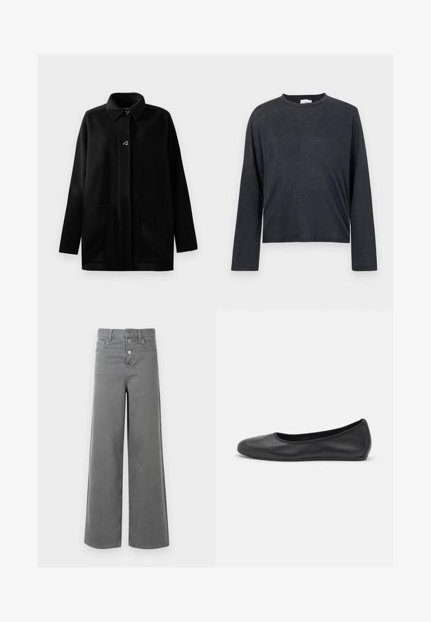 Sort uldfrakke med krave, sølv trekantsknap, to frontlommer og lange ærmer. Blød tekstur og afslappet pasform.; Mørkegrå, langærmet, cropped t-shirt lavet af et let, let tekstureret stof. Har en rund halsudskæring og løstsiddende pasform.; Grå brede bukser med høj talje, fire forreste knapper, bæltestropper og forlommer, vist på en hvid baggrund.; Sort læderballetsko med rund tå, glat tekstur, minimal syning og et fleksibelt såldesign.