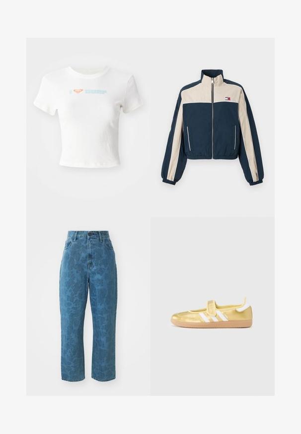 Marineblaue und beige kurze Jacke mit elastischen Bündchen, Reißverschluss, Seitentaschen und Markenlogo auf der linken Brust. Glatte Stoffstruktur.; Weißes, kurz geschnittenes T-Shirt aus Baumwolle, mit einem orangefarbenen Herzsymbol und dem Schriftzug "SURF" in hellblauer Schrift auf der Vorderseite. Kurzärmlig, rundhals.; Hellblaue Jeans aus Denim mit subtiler gemusterter Textur, hoher Taille und geradem Bein. Mit einem vorderen Knopf- und Reißverschluss.; Goldfarbener Sneaker mit weißen Streifen und einem Klettverschluss. Glatte metallische Oberfläche, runde Zehenpartie und strukturierte Gummisohle.