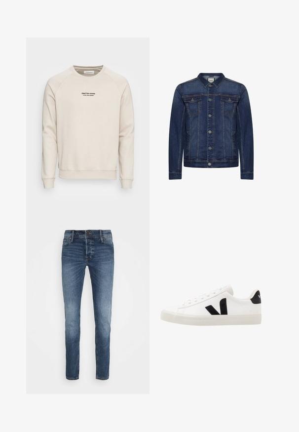 Donkerblauw spijkerjasje met knoopsluiting aan de voorkant, twee borstzakken met klep en zijzakken, voorzien van contrasterende stiksels en een klassieke kraag.; Crème-kleurige sweatshirt met raglanmouwen, ribgebreide manchetten en zoom. Bevat een zwart tekstlogo aan de voorkant. Zacht, geweven stof.; Heren slim-fit blauwe denim jeans met een vervaagde was, vooraan met knoop- en ritsluiting, en een ontwerp met vijf zakken.; Witte leren sneaker met zwarte suède accenten; voorzien van een rubberen zool, ronde neus en een klassieke vetersluiting. Zijkant met logo in het zwart.