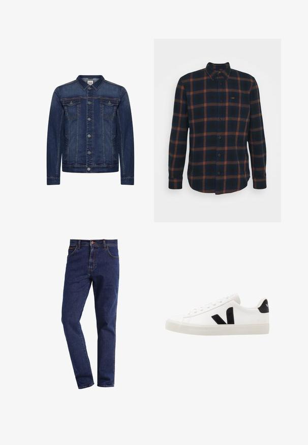 Dunkelblaue Jeansjacke mit Knopfleiste, zwei Brusttaschen mit Patte, Seitentaschen, Kontrastnähten und klassischem Kragen.; Blau und orange kariertes Flanellhemd mit Button-Down-Kragen und langen Ärmeln. Verfügt über ein kleines Markenetikett auf der linken Brust.; Dunkelblaue gerade geschnittene Denim-Jeans mit Vordertaschen, Knopfverschluss, Gürtelschlaufen und sichtbaren Nähten.; Weiße Leder-Sneaker mit schwarzen Wildlederelementen; verfügen über eine Gummisohle, eine runde Spitze und ein klassisches Schnürdesign. Seitliches Logo in Schwarz.