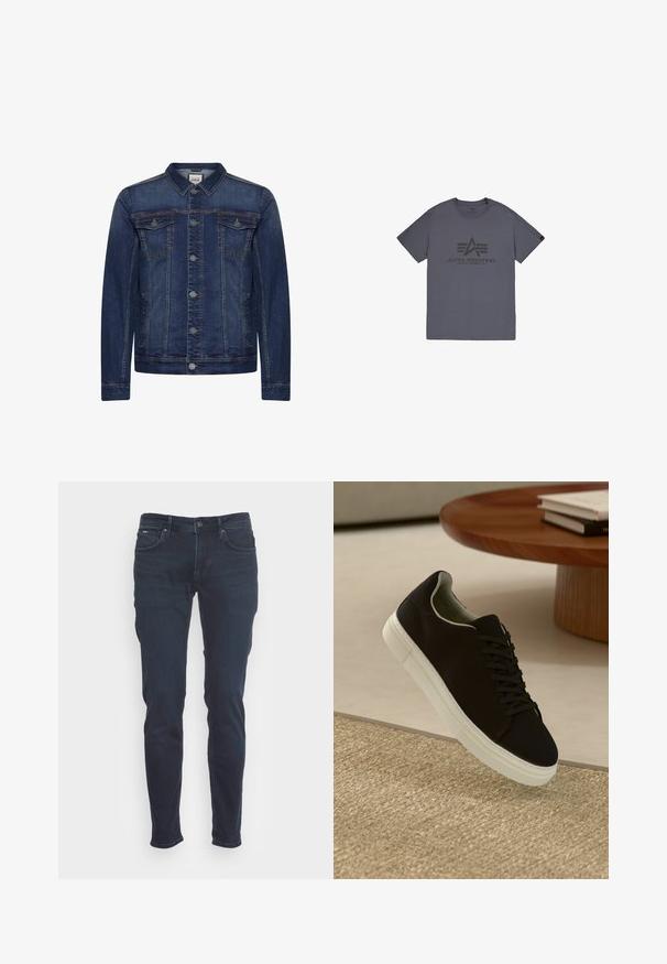 Veste en jean bleu foncé avec boutons devant, deux poches poitrine à rabat et des poches latérales, surpiqûres contrastées et col classique.; T-shirt en coton gris avec col rond, présentant un motif de logo noir imprimé à l'avant. Manches courtes et coupe standard.; Jean bleu foncé à coupe ajustée. Fabriqué en denim, avec une fermeture à bouton et zip, cinq poches et des détails de couture subtils.; Baskets noires avec semelle blanche flottant au-dessus d'un tapis texturé beige, près d'une table en bois ronde avec des livres empilés.