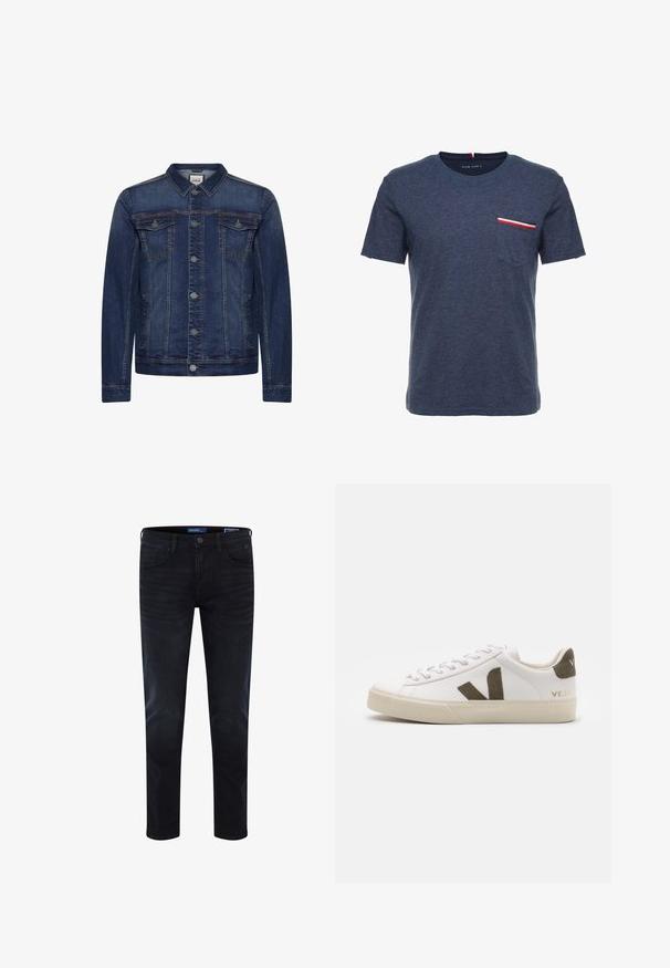 Dunkelblaue Jeansjacke mit Knopfleiste, zwei Brusttaschen mit Patte, Seitentaschen, Kontrastnähten und klassischem Kragen.; NAVYBLAUES BAUMWOLLSHIRT MIT RUNDHALS UND KURZEN ÄRMELN. VERFÜGT ÜBER EINE BRUSTTASCHE MIT ROT- WEISS- UND SCHWARZGESTRIPPTEN DETAILS.; Dunkelblaue Jeans aus Denim mit schmaler Passform, sichtbaren Nähten, Standard-Design mit fünf Taschen und Knopfleiste an der Taille.; Weiße Leder-Sneaker mit einer hellbeigen Gummisohle. Mit braunem Wildleder-V-Logo und Fersenlasche. Schnürverschluss mit texturierter Oberfläche.
