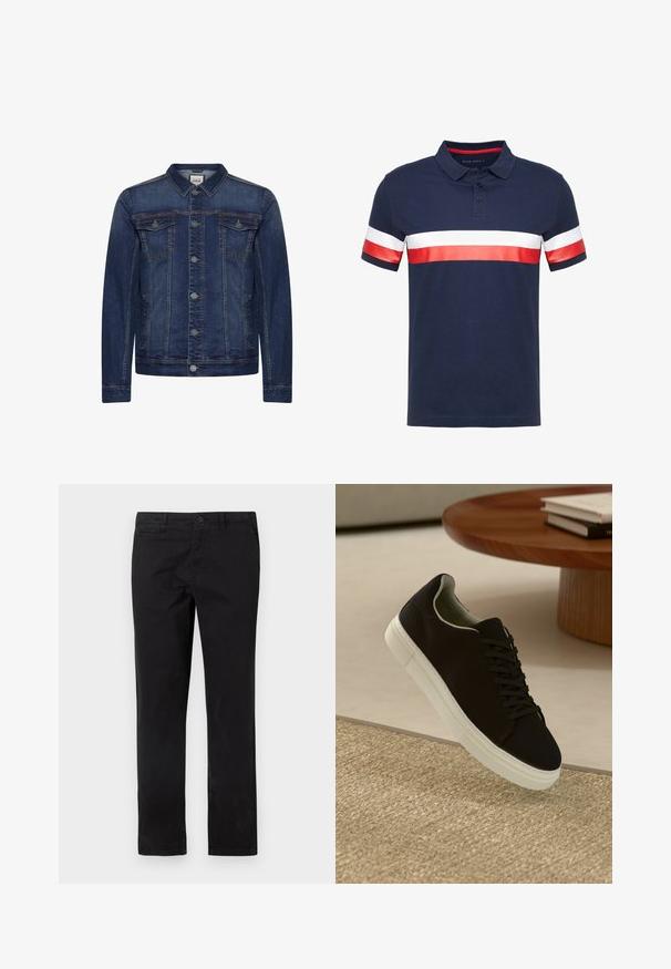 Dunkelblaue Jeansjacke mit Knopfleiste, zwei Brusttaschen mit Patte, Seitentaschen, Kontrastnähten und klassischem Kragen.; Navyblaues Polohemd mit rot-weißen horizontalen Streifen an den Ärmeln und der Brust, aus Baumwolle gefertigt, mit Kragen und einer Knopfleiste mit zwei Knöpfen.; Schwarze Baumwoll-Chinos mit geradem Bein, ausgestattet mit einem Knopfverschluss und Fronttaschen, glatter Textur und minimalen Nahtdetails.; Schwarze Sneakers mit weißer Sohle, die über einem beige strukturierten Teppich schweben, in der Nähe eines runden Holztisches mit gestapelten Büchern.