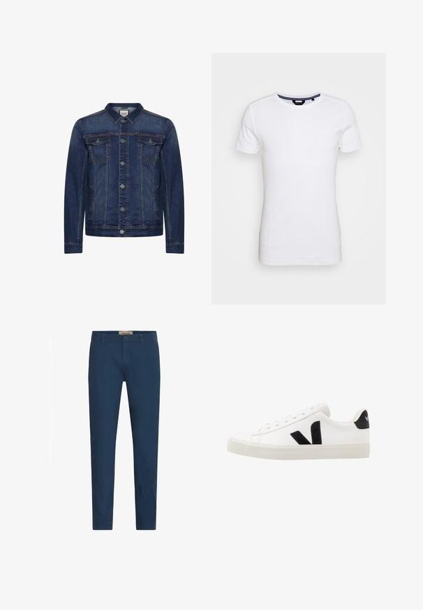 Dunkelblaue Jeansjacke mit Knopfleiste, zwei Brusttaschen mit Patte, Seitentaschen, Kontrastnähten und klassischem Kragen.; Lindbergh T-Shirt basic - white; Marineblaue Slim-Fit-Hosen für Herren mit Gürtelschlaufen, Frontknopfverschluss und Seitentaschen, vor einem weißen Hintergrund präsentiert.; Weiße Leder-Sneaker mit schwarzen Wildlederelementen; verfügen über eine Gummisohle, eine runde Spitze und ein klassisches Schnürdesign. Seitliches Logo in Schwarz.
