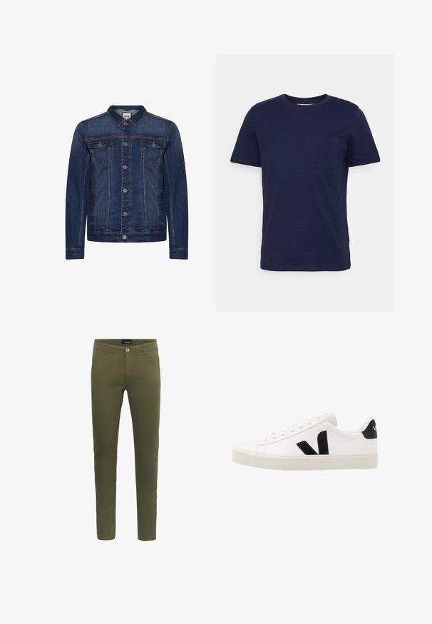 Dunkelblaue Jeansjacke mit Knopfleiste, zwei Brusttaschen mit Patte, Seitentaschen, Kontrastnähten und klassischem Kragen.; Navyblaue Baumwoll-T-Shirt mit kurzen Ärmeln, Rundhalsausschnitt und kleiner Brusttasche. Weiche Textur mit schlichter Gestaltung.; Olivgrüne Hosen aus weichem Baumwollgemisch mit vorderem Knopfverschluss, Gürtelschlaufen und slim fit Design.; Weiße Leder-Sneaker mit schwarzen Wildlederelementen; verfügen über eine Gummisohle, eine runde Spitze und ein klassisches Schnürdesign. Seitliches Logo in Schwarz.