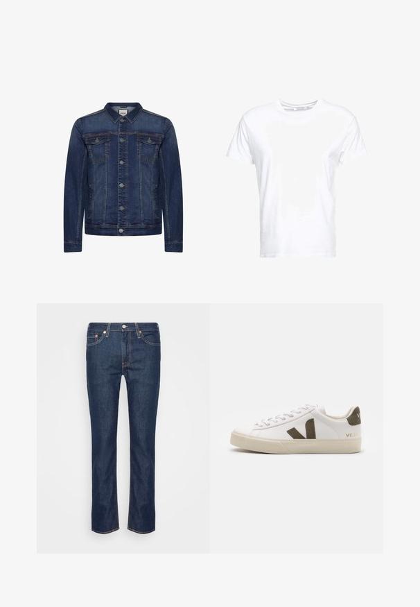 Veste en jean bleu foncé avec boutons devant, deux poches poitrine à rabat et des poches latérales, surpiqûres contrastées et col classique.; T-shirt en coton blanc avec un col rond et des manches courtes, au fit classique et à la texture lisse. Aucun motif ni accessoire visible.; Jean en denim droit bleu foncé avec des coutures orange, cinq poches, et une fermeture à bouton et à zip à l'avant.; Baskets en cuir blanc avec une semelle en caoutchouc beige clair. Présentent un logo en V en daim marron et une languette de talon. Fermeture à lacets avec une surface texturée.