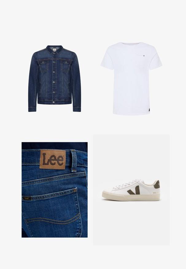 Donkerblauw spijkerjasje met knoopsluiting aan de voorkant, twee borstzakken met klep en zijzakken, voorzien van contrasterende stiksels en een klassieke kraag.; Wit T-shirt met korte mouwen, ronde hals en een klein borstzakje aan de linkerkant, eenvoudig ontwerp, casual stijl.; Achteraanzicht van blauwe spijkerbroek met een bruine leren patch en een klein stoffen label, beiden met de merknaam Lee boven de achterzak.; Witte leren sneakers met een lichtbeige rubberen zool. Voorzien van een bruine suède V-logo en hieltab. Gespsluiting met een gestructureerd oppervlak.