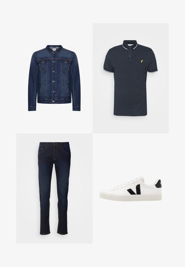 Mørkeblå denimjakke med knaplukning foran, to brystlommer med klap og sidelommer, med kontrastsyninger og klassisk krave.; Marineblå polo-shirt med små hvide prikker, korte ærmer, hvide accenter på kraven og ærmerne, samt et gult logo på brystet.; Mørkeblå denim jeans med lige ben, som har forlommer, lynlås og subtile syninger.; Hvide lædersneakers med sorte ruskindsdetaljer; har en gummisål, rund tå og klassisk snørebåndsdesign. Side logo i sort.