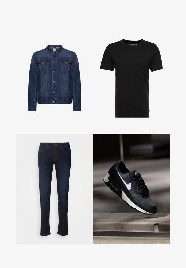 Dunkelblaue Jeansjacke mit Knopfleiste, zwei Brusttaschen mit Patte, Seitentaschen, Kontrastnähten und klassischem Kragen.; Schwarzes T-Shirt mit kurzen Ärmeln aus Baumwolle, mit einem Rundhalsausschnitt und einem dezenten Logo-Tag an der Seite. Einfaches und vielseitiges Design.; Dunkelblaue Jeans aus Denim mit geradem Bein, ausgestattet mit Fronttaschen, einem Reißverschluss und dezenten Nähdetails.; Schwarzer und grauer Nike Air Max Sneaker mit weißem Swoosh, schwebend über einer Betonfläche vor einem verschwommenen dunklen Hintergrund.