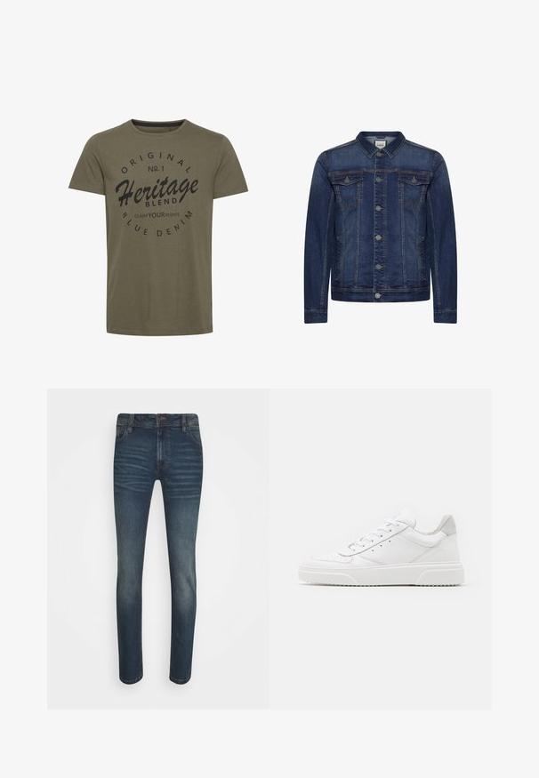 Dunkelblaue Jeansjacke mit Knopfleiste, zwei Brusttaschen mit Patte, Seitentaschen, Kontrastnähten und klassischem Kragen.; Olivgrünes Baumwoll-T-Shirt mit rundem Halsausschnitt, mit schwarzem Drucktext: "Original Nr. 1 Heritage Blend Fordere Deine Rechte" in einem kreisförmigen Design.; Dunkelblaue Denim-Jeans mit schmaler Passform, klassischem Fünf-Taschen-Design, ausgebleichten Bereichen und dezenten strukturierten Linien an der Vorderseite.; Weiße Leder-Sneaker mit glatter Oberfläche, rundem Zehenbereich, flachen Schnürsenkeln und strukturiertem Schuhsohlen. Graues Wildleder-Detail an der Ferse.