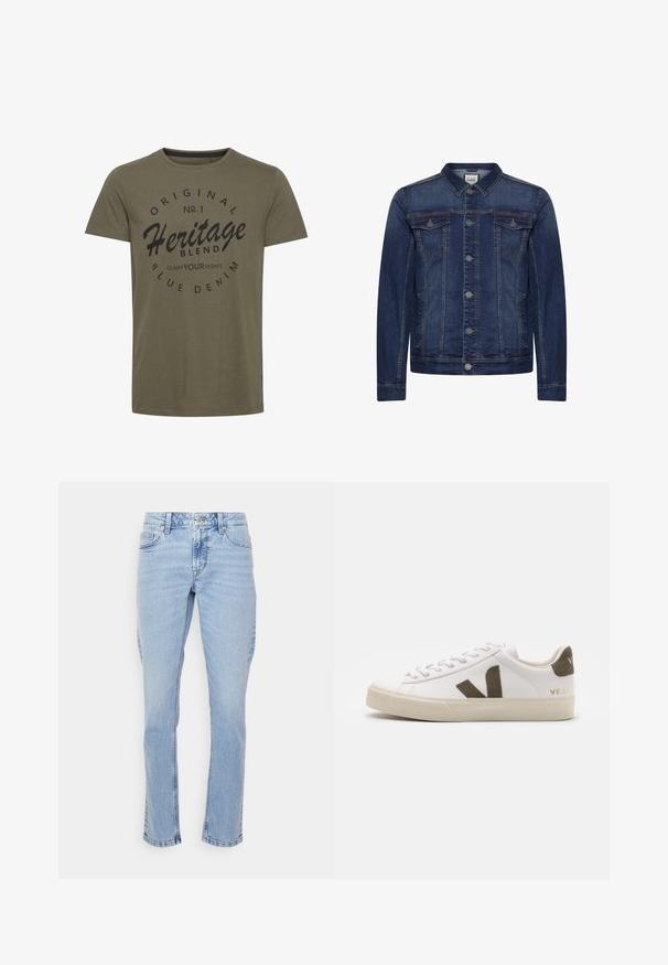 Veste en jean bleu foncé avec boutons devant, deux poches poitrine à rabat et des poches latérales, surpiqûres contrastées et col classique.; T-shirt en coton vert olive avec un col rond, comportant un texte imprimé noir : "Original No. 1 Heritage Blend Claim Your Rights" dans un design circulaire.; Jeans en denim bleu clair avec une coupe droite, présentant un design classique à cinq poches, des passants de ceinture et des décolorations subtiles. Ourlet non fini en bas.; Baskets en cuir blanc avec une semelle en caoutchouc beige clair. Présentent un logo en V en daim marron et une languette de talon. Fermeture à lacets avec une surface texturée.