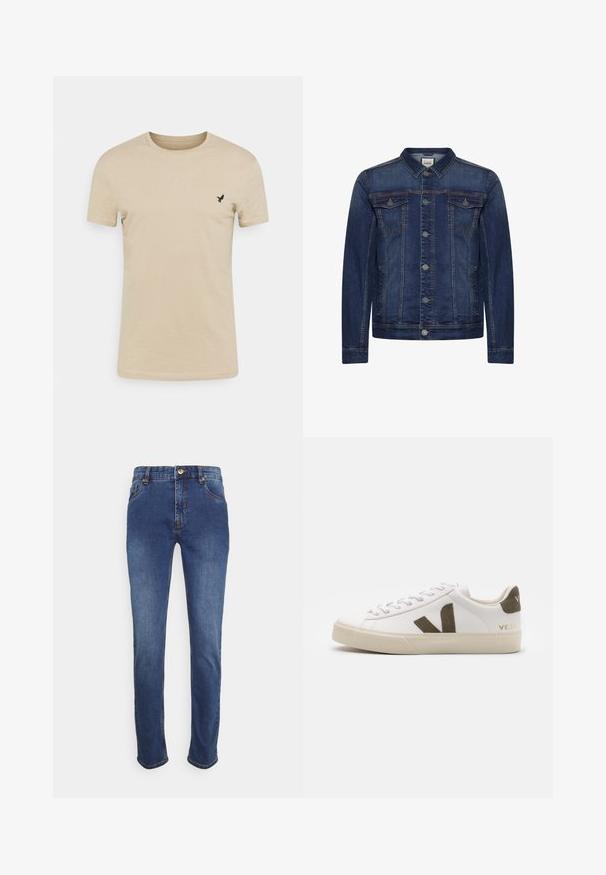 Mørkeblå denimjakke med knaplukning foran, to brystlommer med klap og sidelommer, med kontrastsyninger og klassisk krave.; Beige kortærmet T-shirt lavet af blødt stof, med rund halsudskæring og et lille sort fugle-logo på venstre brystområde.; Dongeribukser i mørkeblå, med en klassisk lige pasform, fem lommer, guldknaplukning og subtile syninger langs sømmene.; Hvide læder sneakers med en lys beige gummisål. Har en brun ruskinds V-logo og hælflap. Snørret lukning med en struktureret overflade.