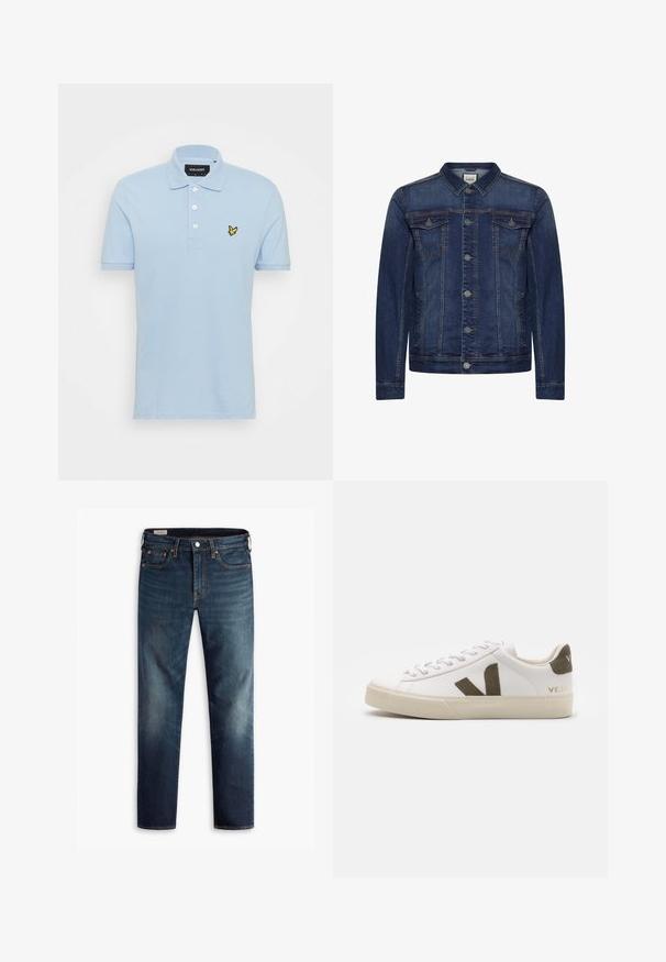 Donkerblauw spijkerjasje met knoopsluiting aan de voorkant, twee borstzakken met klep en zijzakken, voorzien van contrasterende stiksels en een klassieke kraag.; Lichtblauwe polo gemaakt van katoen met een drie-knopenlijst, korte mouwen en een klein geel geborduurd logo op de borst.; Donkerblauwe denim jeans met een rechte pasvorm, vijf zakken en koperen hardware-accenten. Vervaagde gebieden op de broekspijpen zorgen voor een contrast in textuur.; Witte leren sneakers met een lichtbeige rubberen zool. Voorzien van een bruine suède V-logo en hieltab. Gespsluiting met een gestructureerd oppervlak.