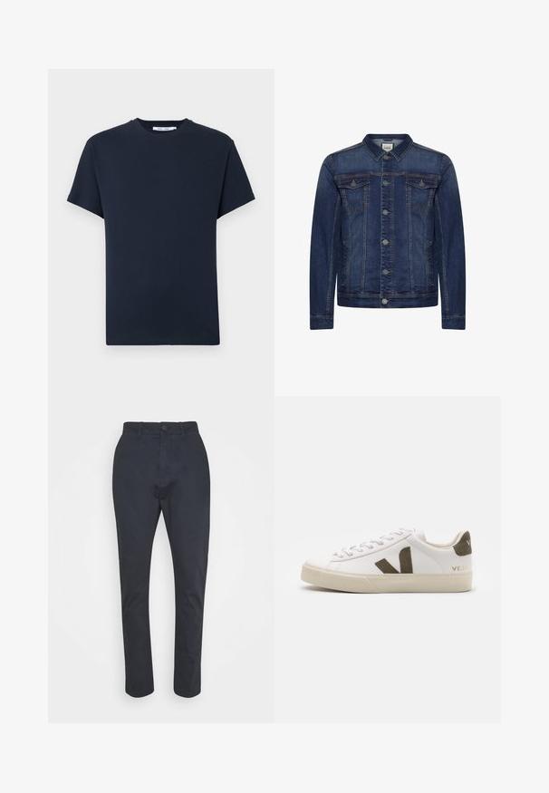 Veste en jean bleu foncé avec boutons devant, deux poches poitrine à rabat et des poches latérales, surpiqûres contrastées et col classique.; T-shirt à manches courtes bleu marine foncé en coton, doté d'un col rond et d'une coupe décontractée. Simple, couleur unie sans motifs.; Pantalons fuselés bleu marine en coton léger ; dotés d'une fermeture à bouton et d'un design standard à cinq poches.; Baskets en cuir blanc avec une semelle en caoutchouc beige clair. Présentent un logo en V en daim marron et une languette de talon. Fermeture à lacets avec une surface texturée.
