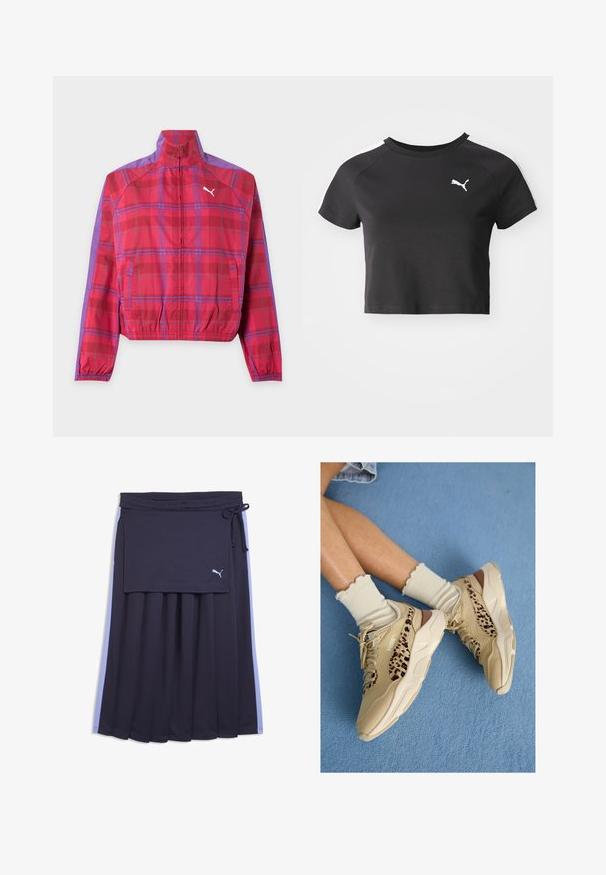 Rødt og lilla ternet lynlåstrøje med ståkrave, elastiske manchetter og kant, sidelommer og en hvid Puma-logo på brystet.; Sort cropped t-shirt lavet af bomuld, med rund halsudskæring, korte raglanærmer og et hvidt Puma-logo på venstre bryst.; Marineblå plisseret nederdel med lyseblå sidelister, et fastsyet omslagsstykke, snøre i taljen og lille hvid Puma-logo på stykket.; Benen krydset iført beige Puma-sneakers med leopardstriber og flæset cremefarvede sokker på et blåt tæppebelagt gulv.