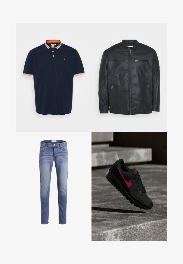 Sort læderjakke med lynlås, quilted skulderdetaljer og to forlommer. Glat tekstur og et klassisk design.; Marineblå polo T-shirt i bomuld med krave, der har orange og grå striber, tre-knaps knaplukning og lille broderet logo på brystet.; Smalpassende blå jeans lavet af denim, med en falmet vask, fem lommer og en lynlås i front med knaplukning.; Sort Nike-sneaker med rød swoosh og logo, vist svævende over en betonoverflade med trin i baggrunden.