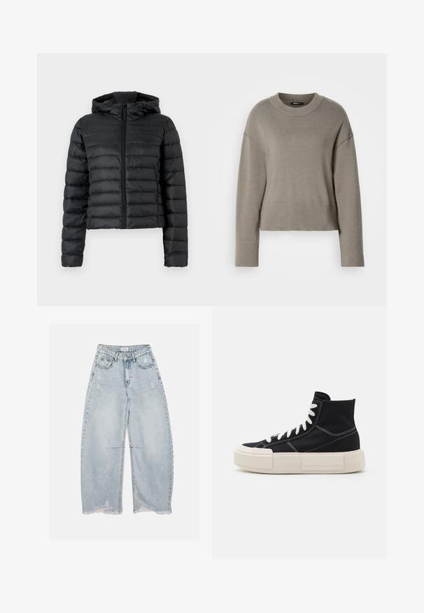 Zwarte pufferjack met capuchon, voorzien van een doorgestikt ontwerp, een rits aan de voorkant en lange mouwen. Het materiaal lijkt glad en glanzend.; Lichtgrijs cropped sweater met een ronde halslijn, doorgeschoven schouders en ribgebreide manchetten en zoom. Zachte textuur, eenvoudig ontwerp.; Lichtblauwe wijde denim jeans met versleten details en rafelige zomen, voorzien van voorzakken, riemlussen en een knoopsluiting.; Zwarte canvas high-top sneaker met witte veters, dikke creamkleurige zool, contrasterende stiksels en een afgerond teenontwerp.