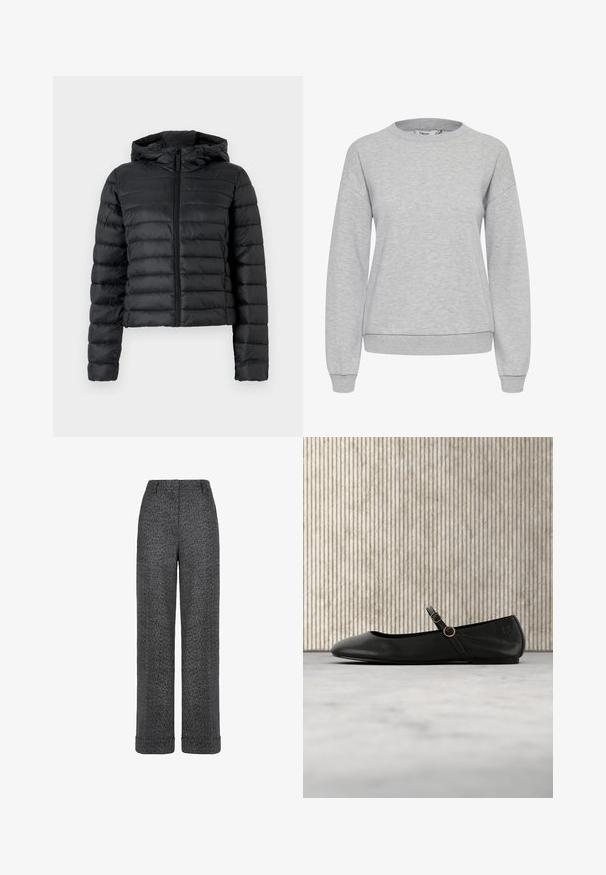 Sort oppustelig jakke med hætte, med quiltet design, frontlynlås og lange ærmer. Materialet ser glat og skinnende ud.; Lys grå sweatshirt med rund halsudskæring, lange ærmer, ribbede манchetter og kant. Fremstillet af blødt, tekstureret stof med en afslappet pasform.; Grå uldbukser med fiskebenmønster, lige ben, opsmøgede kanter og taljebånd med bæltestropper.; Sort læderballetflad med rundet tå, der har en tynd rem og guldfarvet rund hardware. Glat tekstur og minimalistisk design.