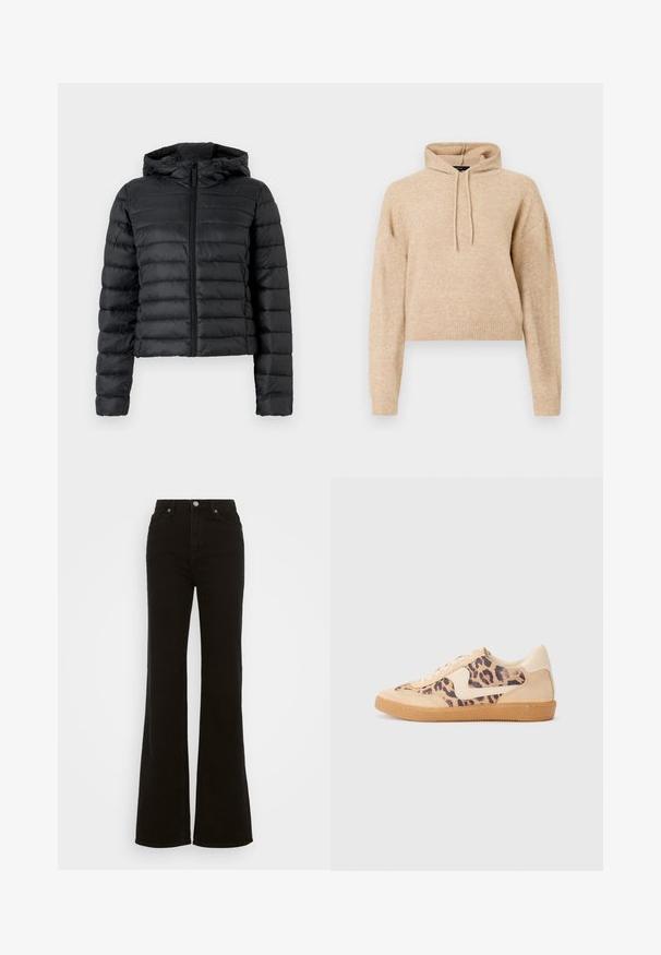Schwarze Daunenjacke mit Kapuze, ausgestattet mit einem gesteppten Design, Frontreißverschluss und langen Ärmeln. Das Material wirkt glatt und glänzend.; Beige verkürzter Strick-Hoodie mit langen Ärmeln und Kordelzugkapuze, auf einem weißen Hintergrund präsentiert.; Hoch taillierte schwarze Schlagjeans aus Denim, mit Knopfverschluss, seitlichen Taschen und glatter Textur.; Löwenmuster-Sneaker mit beige Wildleder-Obermaterial, tanfarbener Gummisohle und weißen Akzenten. Runde Zehenform und Schnürdesign mit strukturiertem Finish.