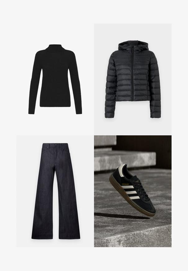 Doudoune noire avec capuche, présentant un design matelassé, une fermeture éclair à l'avant et des manches longues. Le matériau semble lisse et brillant.; Pull à col roulé noir à manches longues avec col, poignets et ourlet côtelés, présenté sur un fond blanc.; Jean en denim noir à jambe large présentant une texture lisse, un design traditionnel à cinq poches et un léger éclat, avec une fermeture à bouton.; Baskets Adidas noires avec des bandes blanches et une semelle en gomme flottant au-dessus d'escaliers en béton gris sous une lumière naturelle.