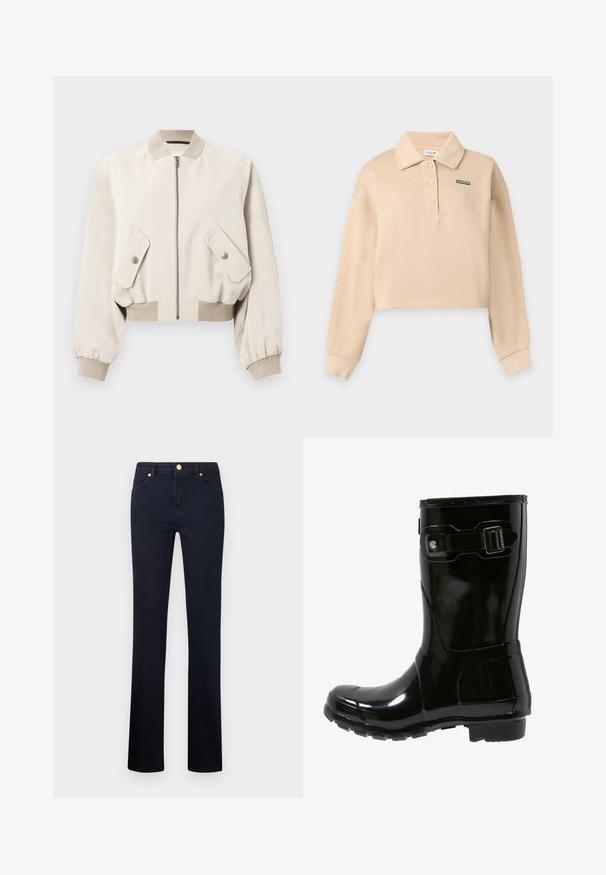 Lysebeige bomberjakke med lynlås foran, to klaplommer med trykknapper, ribbet krave, ærmegab og nederkant.; Beige cropped poloshirt med lange ærmer, krave, tre knapper og lille grønt Lacoste-logo på venstre bryst.; Marineblå denimjeans med lige ben, featuring et klassisk fem-lomme design, messingknapdetalje og en glat tekstur.; Sort vandtæt gummistøvle til anklen med en blank finish, justerbar rem og spænde detaljer, tekstureret sål for godt greb.
