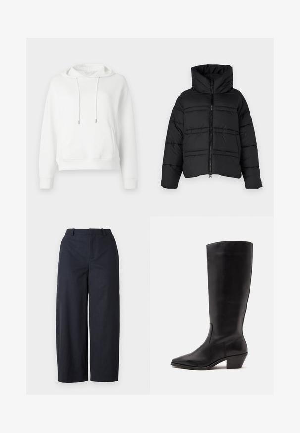 Doudoune noire avec col montant, fermeture zippée et coutures horizontales. Le matériau semble brillant et isolant.; Sweat à capuche blanc fabriqué en tissu doux. Il comprend une poche avant, des cordons de serrage avec embouts en métal, et une broderie de logo discrète.; Pantalons larges navy avec une texture lisse, un devant plat et une taille. Fabriqués en tissu léger, offrant une coupe décontractée.; Botte en cuir noire mi-mollet avec un bout pointu et un talon bas incliné sur un fond clair uni.
