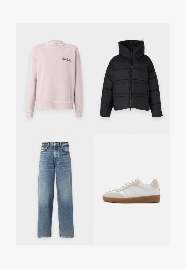 Schwarze Daunenjacke mit hohem Kragen, Reißverschluss und horizontalen Nähte. Das Material wirkt glänzend und isoliert.; Hellrosa Sweatshirt mit langen Ärmeln, Rundhalsausschnitt, gerippten Bündchen und schwarzem Schriftzug "Infinite Summer ALLSAINTS London" auf der linken Brust.; Hellblaue Denimjeans mit geradem Schnitt, hoher Taille und dezentem Verblassen. Verfügt über fünf Taschen und einen Knopfverschluss.; Weiße Leder-Sneaker mit beige Suede-Akzenten, strukturiertem Zungenbereich und Gummisohle. Verfügt über weiße Schnürsenkel und dezente eingestickte Details.