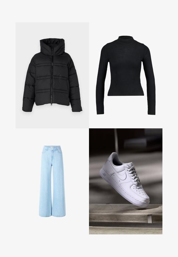 Sort dunjakke med høj krave, lynlås og vandret syninger. Materialet ser skinnende og isoleret ud.; Sort langærmet turtleneck top lavet af ribbet stof, med en tætsiddende design og slank silhuet. Ingen mønstre eller detaljer.; Lyseblå, vide denimbukser med høj talje, forlommer og en enkelt knaplukning. Glat tekstur med en ensartet vask.; Hvid Nike Air Force 1 sneaker svævende over en betonoverflade med skygger i et minimalistisk miljø.