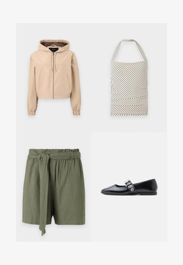 Chaqueta beige recortada hecha de un material ligero y suave. Cuenta con capucha, cierre de cremallera y puños elásticos. Dos bolsillos delanteros.; Top sin tirantes hecho de una tela con una base crema clara y franjas diagonales marrón oscuro. Presenta fruncido en la cintura y cuello halter.; Pantalones cortos de color verde oliva fabricados con un tejido ligero, con una cintura alta, banda elástica y un detalle de cinturón atado para un ajuste ajustable.; Zapato plano de charol negro con puntera cuadrada, detalle de hebilla lateral y tacón bajo y redondeado. Textura suave y diseño minimalista.