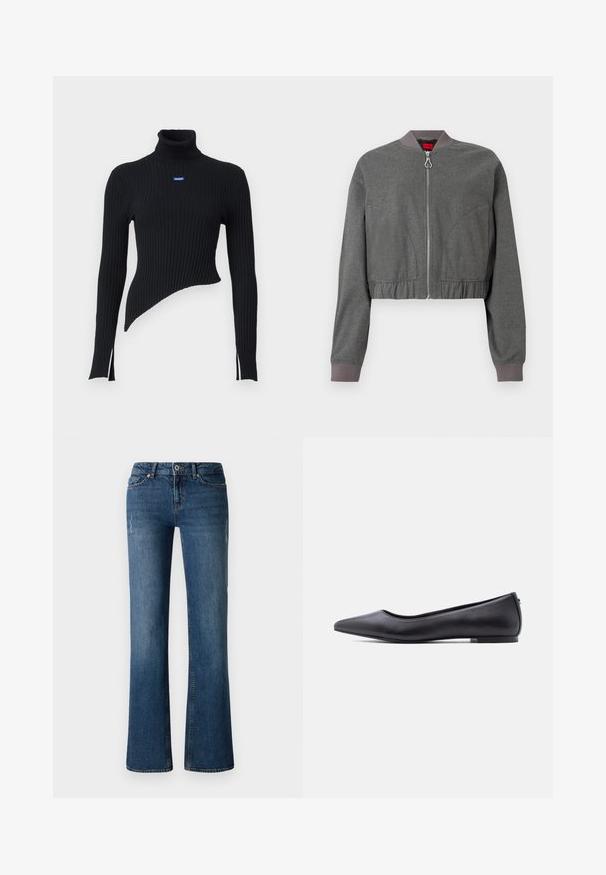 Grå bomberjakke med ribbet krave, fuld lynlås og samlet elastisk linning. Har glat tekstur og lange ærmer.; Sort ribbet turtleneck sweater med asymmetrisk kant og sidesplitter. Har et lille blåt logo på brystet. Fremstillet af blødt materiale.; Mørkeblå denim jeans med flared ben design, der har subtile fading og slidte detaljer nær lår- og knæområdet.; Sort flad lædersko med spidst tåparti og lav hæl, vist i sideprofil mod en hvid baggrund.