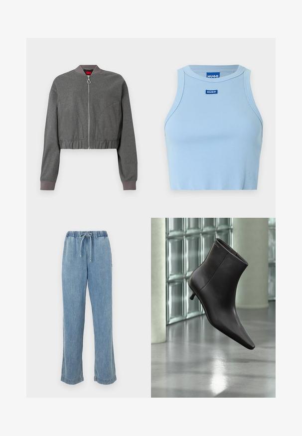 Sivý bomber s rebrovaným golierom, plný zips a gumičkový pás. Má hladký povrch a dlhé rukávy.; Svetlomodrý rebrovaný crop top s priliehavým strihom. Má okrúhly výstrih a modrú značku s logom HUGO na prednej strane uprostred.; Svetlo modré džínsové nohavice s elastickým pásom, šnúrkou a zvinutými manžetami. Priamy strih s ležérnym strihom.; Čierna kožená členková obuv s ostrou špičkou a nízkym podpätkom, zobrazená na pozadí steny zo sklenených blokov a leštenej podlahy.
