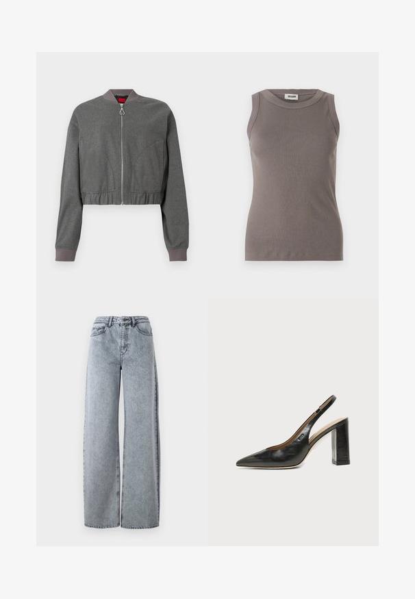 Veste bomber grise avec un col côtelé, une fermeture éclair intégrale et une taille élastique froncée. Présente une texture lisse et des manches longues.; Débardeur gris côtelé avec un col rond et un design sans manches, fabriqué à partir d'un tissu doux et texturé. Silhouette simple et ajustée.; Jeans en denim clair à jambes larges avec une taille haute, dotés de poches à l'avant, de passants de ceinture et de détails de couture contrastants.; Chaussure slingback en cuir noir à bout pointu avec un talon bloc haut et une doublure intérieure beige sur un fond clair uni.
