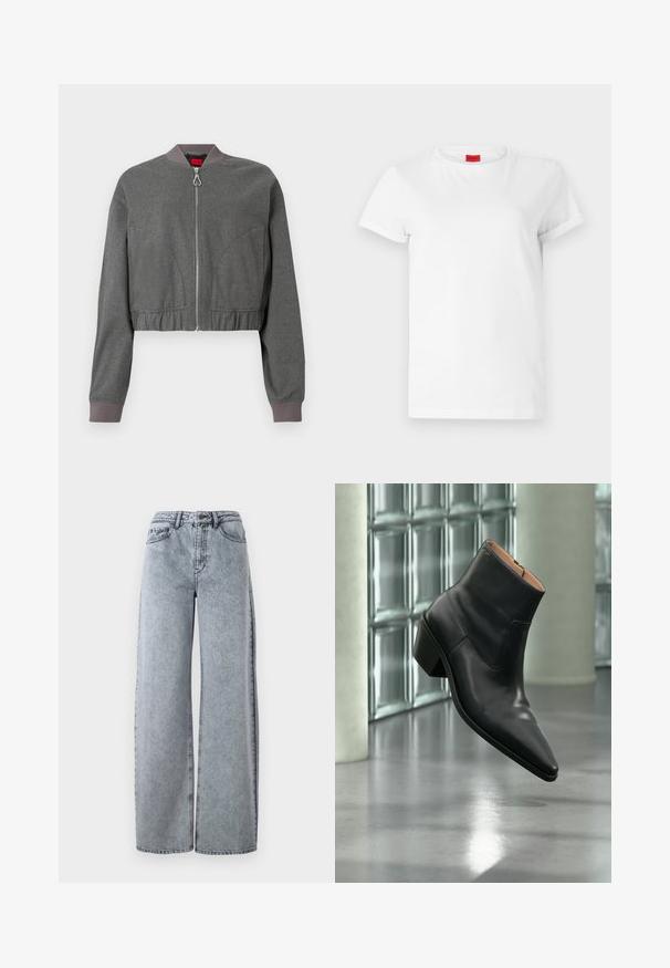 Graue Bomberjacke mit geripptem Kragen, durchgehendem Reißverschluss und gerafftem elastischen Saum. Verfügt über eine glatte Textur und lange Ärmel.; Weißes Kurzarm-T-Shirt aus leichtem Baumwollstoff. Hat einen runden Halsausschnitt und umgeschlagene Ärmel. Rotes Logo-Tag am Kragen.; Hellblaue Denim-Weitbeinjeans mit hohem Bund, ausgestattet mit Eingrifftaschen, Gürtelschlaufen und kontrastierenden Nähten.; Schwarzer Leder-Stiefelette mit spitzer Schuhspitze und Blockabsatz, der über einem reflektierenden grauen Boden nahe einer Glassteinwand schwebt.