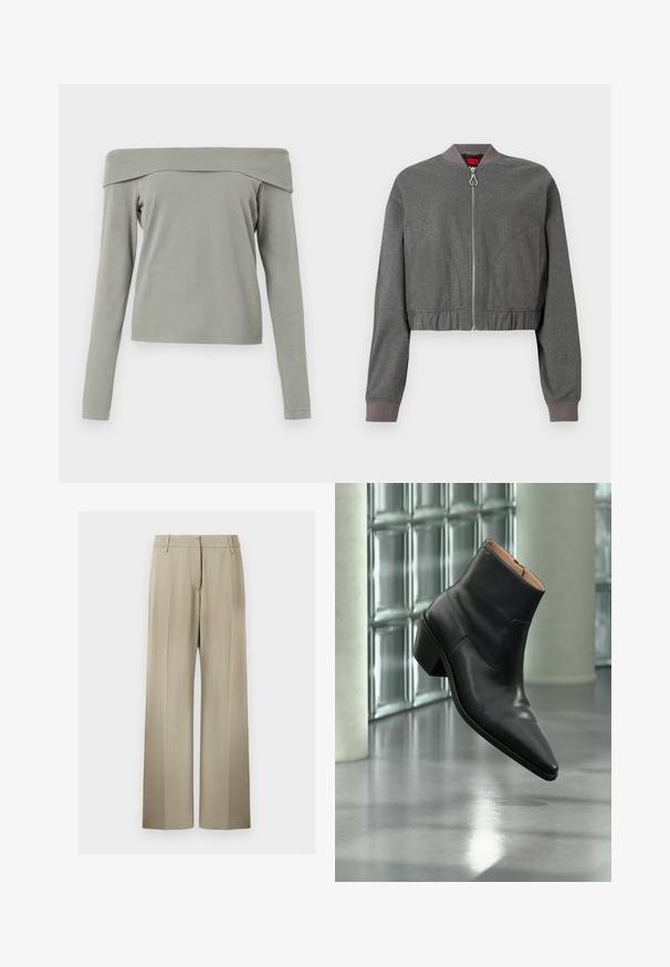 Grijze bomberjack met een geribde kraag, volledige rits en elastische tailleband. Beschikt over een gladde textuur en lange mouwen.; Off-the-shoulder top met lange mouwen in lichtgroene stof. Zachte textuur met een ontspannen pasvorm en minimale stikdetails aan de zoom en de mouwen.; Wijde broek met een zachte beige stof, voorzien van een flatte voorkant, riemlussen en een gladde textuur. Standaard tailleband zonder zichtbare patronen.; Zwarte leren enkellaars met een spitse neus en blokhak die zweeft boven een reflecterende grijze vloer nabij een glazen blokmuur.