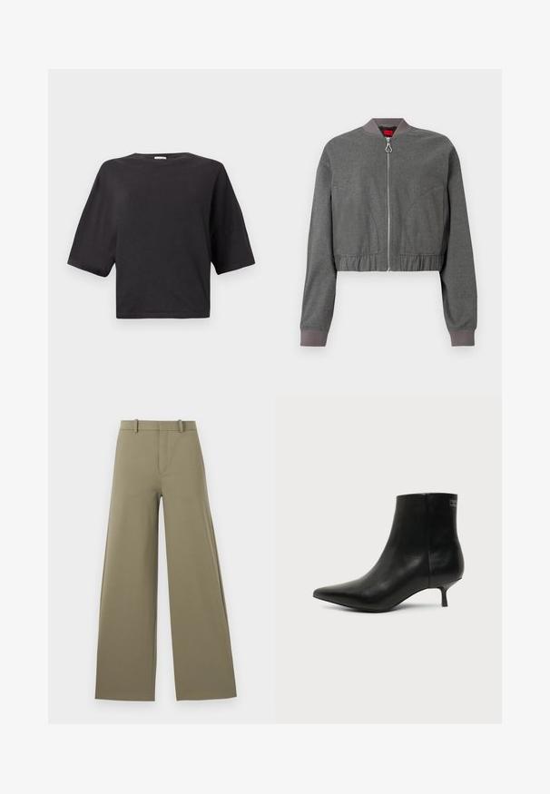 Veste bomber grise avec un col côtelé, une fermeture éclair intégrale et une taille élastique froncée. Présente une texture lisse et des manches longues.; T-shirt noir raccourci en coton, avec un col rond et des manches courtes au fit décontracté. Texture lisse, sans motifs ni accents.; Pantalons larges en vert olive clair avec une texture lisse, dotés d'une fermeture éclair sur le devant, de passants de ceinture et de deux poches latérales.; Bottine en cuir noir avec bout pointu et petit talon kitten sur fond clair, vue côté extérieur.