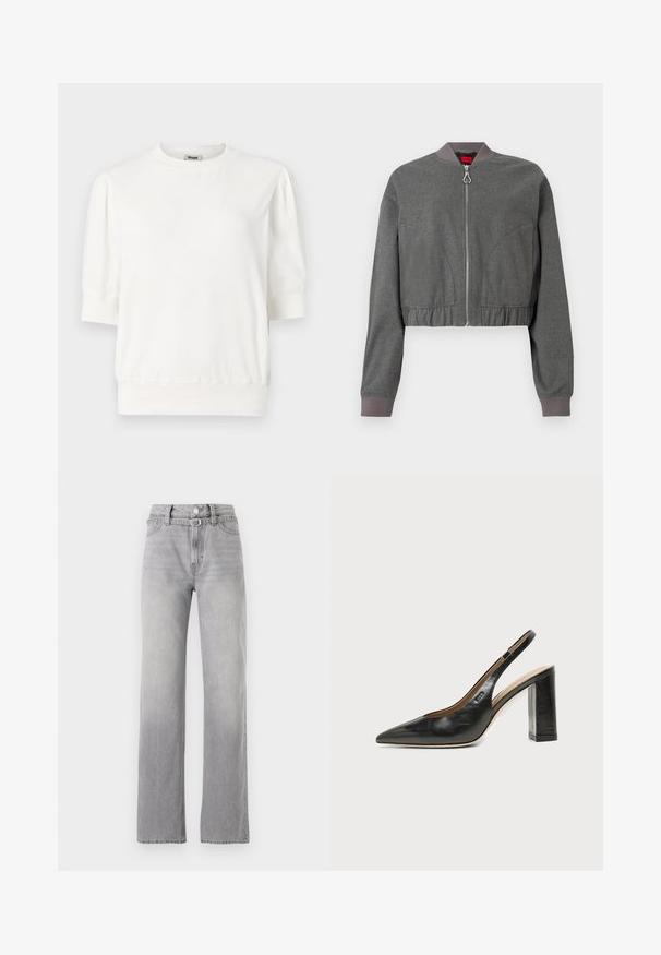 Veste bomber grise avec un col côtelé, une fermeture éclair intégrale et une taille élastique froncée. Présente une texture lisse et des manches longues.; Haut en pullover blanc à manches courtes avec un col rond, des manches froncées et une taille ajustée. Fabriqué en tissu doux.; Jean en denim gris clair avec une taille haute, une coupe droite, un léger délavage et un style classique à cinq poches. Fermeture à bouton en métal et zip.; Chaussure slingback en cuir noir à bout pointu avec un talon bloc haut et une doublure intérieure beige sur un fond clair uni.