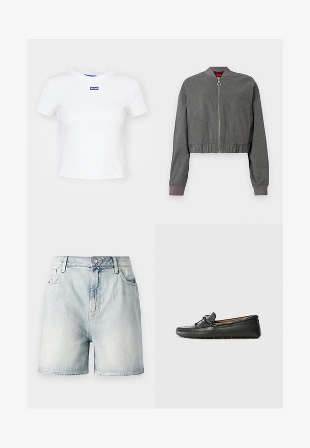 Chaqueta bomber gris con cuello acanalado, cremallera completa y cinturilla elástica fruncida. Presenta una textura suave y mangas largas.; Camiseta de algodón blanca con mangas cortas, escote redondo y un parche rectangular azul con el logo "HUGO" en el centro delantero.; Pantalones cortos de mezclilla azul claro con cierre de botón, cinco bolsillos y una textura deslavada. Corte recto con un diseño clásico.; Zapato náutico de cuero negro con punta redondeada, detalles de costura, pequeño lazo decorativo y suela de goma. Textura suave y diseño aerodinámico.