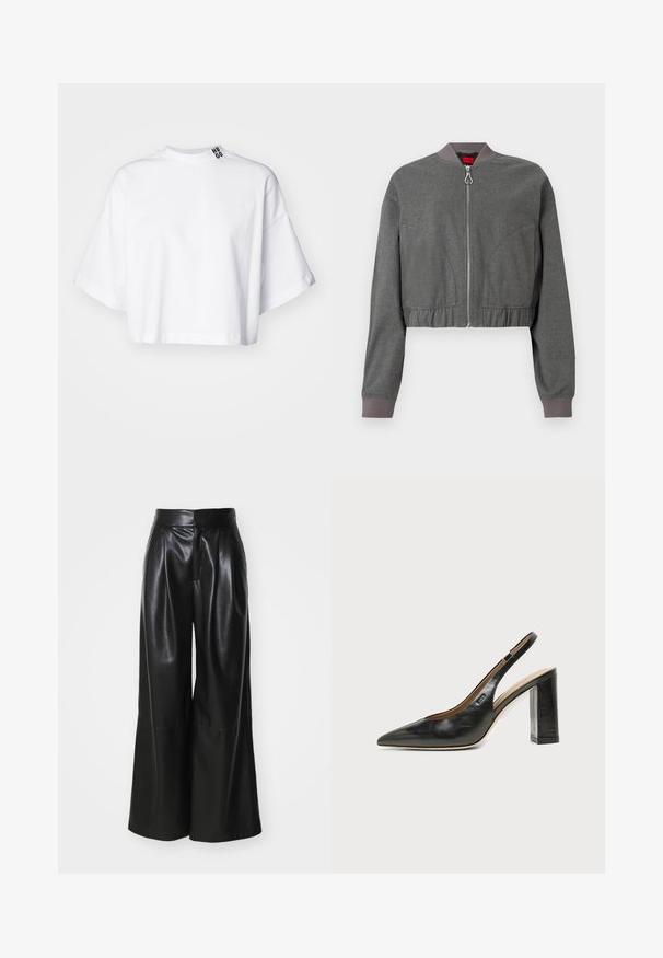Chaqueta bomber gris con cuello acanalado, cremallera completa y cinturilla elástica fruncida. Presenta una textura suave y mangas largas.; Camiseta blanca recortada de algodón, con mangas cortas anchas y un cuello alto. La etiqueta "HUGO" está estampada en negro en el cuello.; Pantalones de cuero sintético negros de pierna ancha con una cintura alta, frente plisado y textura suave. Presenta un diseño limpio y minimalista.; Zapato slingback de piel negra con puntera puntiaguda, tacón alto y ancho, y forro interior beige sobre un fondo claro y liso.