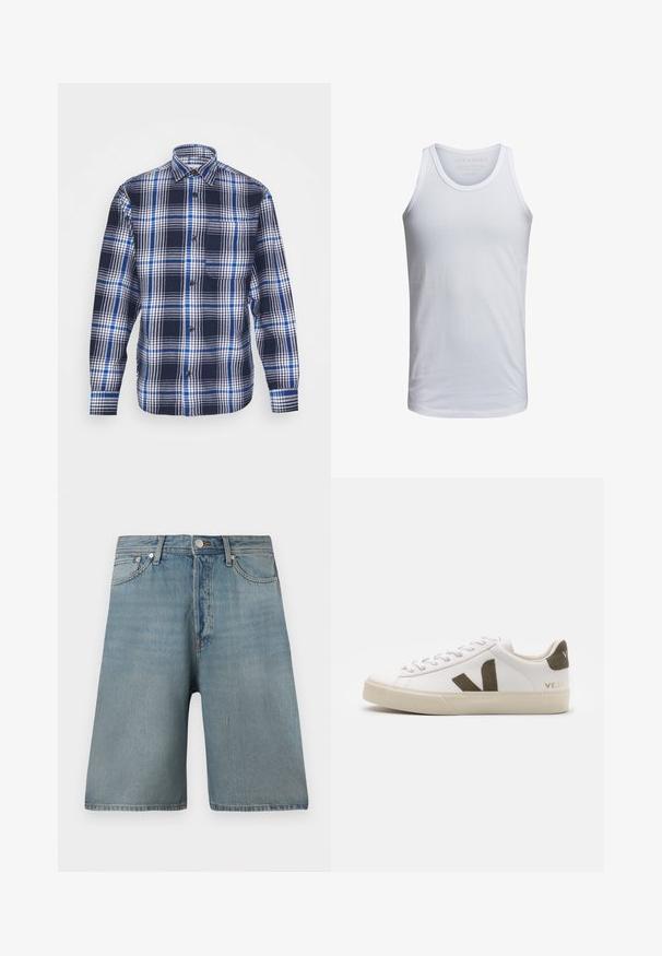 Jack & Jones JCOBLACK ZAC OVERSHIRT RELAX - Ελαφρύ μπουφάν - navy blazer; Λευκό βαμβακερό tank top με στρογγυλή λαιμόκοψη, φαρδιές τιράντες και ελάχιστη σήμανση εκτυπωμένη μέσα στον γιακά. Μαλακή υφή, ανάλαφρη εφαρμογή.; Ανοιχτό μπλε τζιν σορτς με χαλαρή γραμμή, πέντε τσέπες και παραδοσιακή κλείσιμο με κουμπί, διακοσμημένα με ξεθωριασμένα μπαλώματα για φθαρμένη εμφάνιση.; Λευκά δερμάτινα sneakers με ελαφριά μπεζ καουτσούκ σόλα. Διαθέτει καφέ σουέτ λογότυπο V και τακούνι. Κλείσιμο με κορδόνια και υφή επιφάνειας.