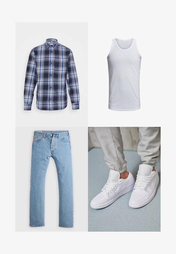 Jack & Jones JCOBLACK ZAC OVERSHIRT RELAX - Veste mi-saison - navy blazer; Débardeur en coton blanc avec un col rond, des bretelles larges et un marquage minimal imprimé à l'intérieur du col. Texture douce, coupe décontractée.; Jean en denim droit bleu clair avec fermeture à boutons, passants de ceinture, et poches avant et arrière, présenté sur un fond blanc.; Des baskets en cuir blanc présentent une zone de perforation à l'avant, des lacets plats, un col rembourré et le logo Jordan sur la languette. Portées avec un pantalon de jogging gris.