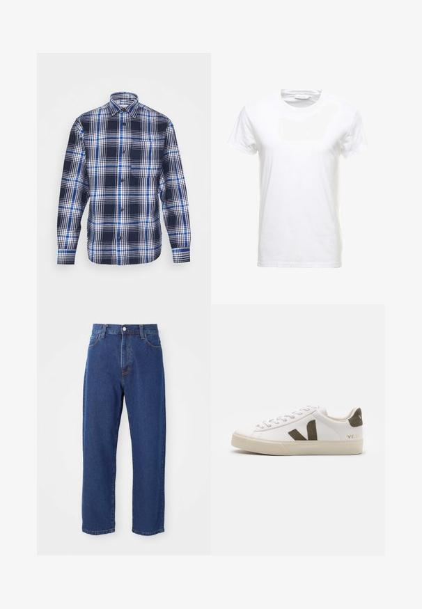 Jack & Jones JCOBLACK ZAC OVERSHIRT RELAX - Chaqueta de entretiempo - navy blazer; Camiseta de algodón blanca con mangas cortas, diseño de cuello redondo y textura suave. Etiqueta visible en el cuello. Estilo simple y clásico.; Vaqueros de tiro alto de algodón, con una silueta de pierna recta, costuras visibles y un cierre de botón en la parte delantera.; Zapatillas de cuero blanco con una suela de goma beige claro. Presenta un logo en forma de V de gamuza marrón y una pestaña en el talón. Cierre con cordones y superficie texturizada.