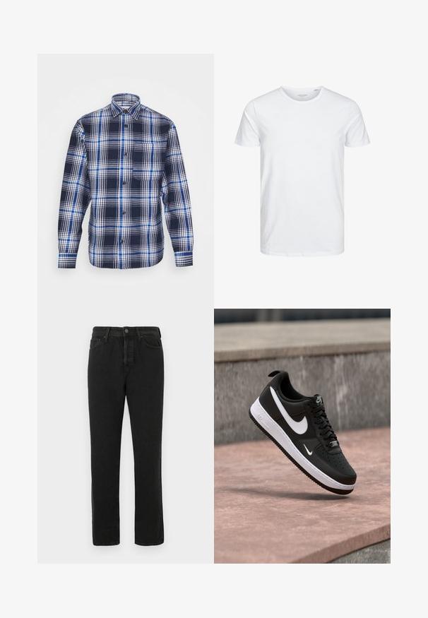 Jack & Jones JCOBLACK ZAC OVERSHIRT RELAX - Overgangsjakke - navy blazer; Rundhals kortærmet t-shirt i ensfarvet hvid, lavet af blød bomuld, har et simpelt design uden synlige mønstre eller detaljer.; Sorte lige ben denim jeans med frontknap og lynlås, bælte løkker og fem-lomme design, vist på hvid baggrund.; Sort-hvid Nike Air Force 1 sneaker svævende over en lyserød betonflade med en grå stenbaggrund.