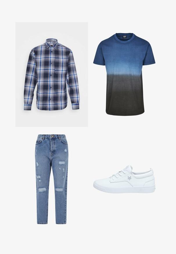 Jack & Jones JCOBLACK ZAC OVERSHIRT RELAX - Ľahká bunda - navy blazer; Bavlnené tričko s gradientovým dizajnom od modrej po čiernu, krátke rukávy, okrúhly výstrih a hladká textúra.; Svetlomodré rifľové nohavice s vysokým pásom, rovnými nohavicami a opotrebovaným dizajnom, ktorý zahŕňa roztrhnutia a rozstrapkané okraje po celom obvode.; Biele plátené tenisky s plochou podrážkou, zaoblenou špičkou, šnurovaním vpredu a výrazným logom na boku. Hladká textúra a minimalistický dizajn.